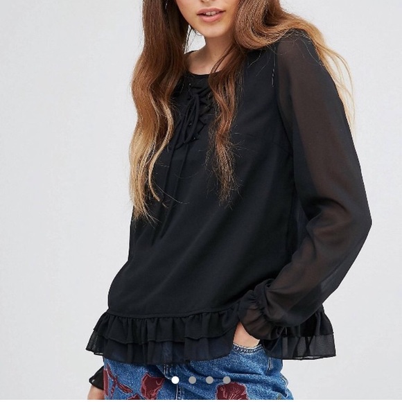 🖤 Elegant ASOS Black Lace Up Long Sleeve Blouse - Picture 1 of 4